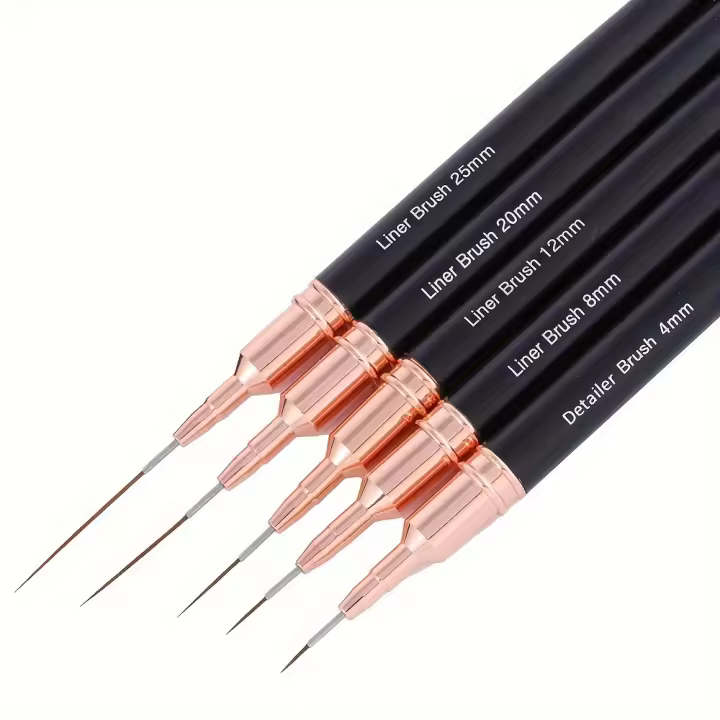 5pcs Líneas Profesionales De Uñas Con Pincel De Dibujo Y Pintura Detallada Herramienta De Barrido Rosa Mango Metálico Para Arte De Uñas - 1