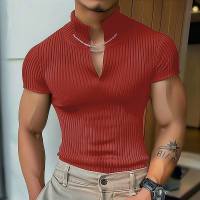 Camiseta De Hombre 2024 Knitted Vuelta En V Color Sólido Verano Estilo Casual Camiseta De Moda Streetwear Manga Corta Tallas S-5XL INCERUN - details 1