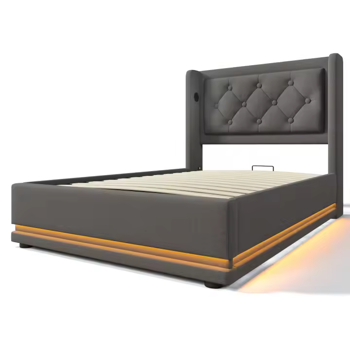 Cama tapizada Cama individual 90*200 cm, Cama de almacenamiento hidráulico en Algodón gris, Cabeza USB Typo-C tapizada con función de Carga, función LED en 3 lados (colchón no incluido) - 1