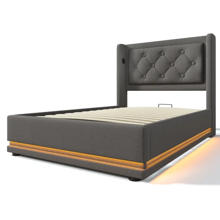 Cama tapizada Cama individual 90*200 cm, Cama de almacenamiento hidráulico en Algodón gris, Cabeza USB Typo-C tapizada con función de Carga, función LED en 3 lados (colchón no incluido) - 1