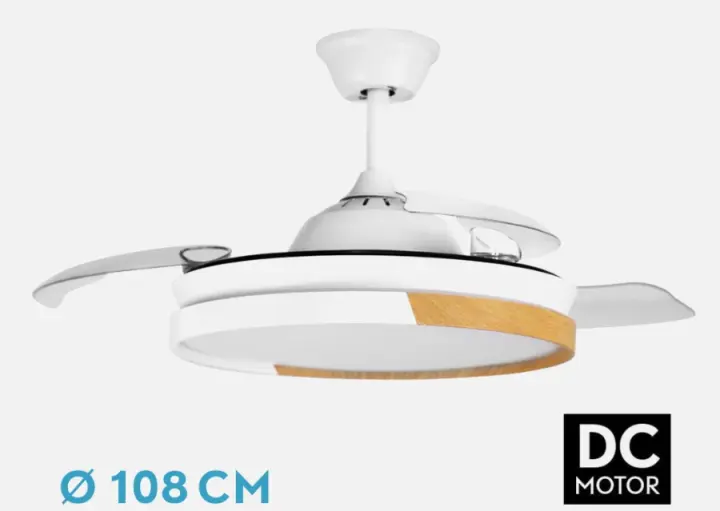 FABRILAMP ALTA GAMA Ventilador Dc Emperador 72w Blanco/haya 3aspas Desplegables 108d 7200lm 3000-4000-6000k Remoto+Regulable Intensidad+Memoria+Temporiz Incluye mando a distancia y dos tijas de 10 y 25 centímetro CALIDAD DE CONFIANZA - 1