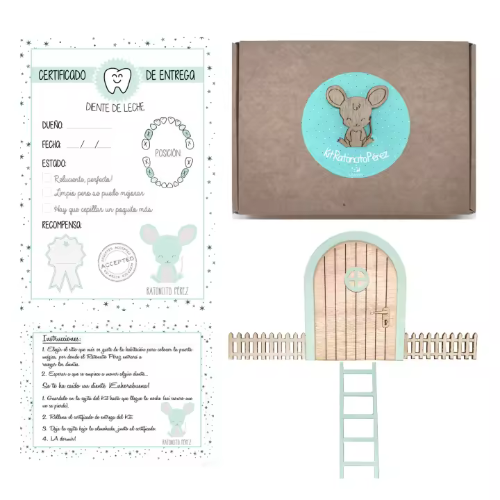 Kit Puerta Ratoncito Pérez de Madera caída primer diente| Puerta Mágica con Escalera, felpudo y Vallas | Regalo Ideal Infantil de Madera | Lulamuk - 1