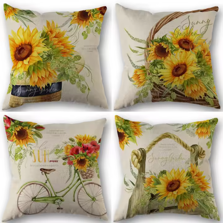 4Pcs Fundas Para Cojines De Lino Mezclado Decorativas Con Estampado De Girasoles Y Cestas De Flores Frescas Y Bicicletas Estilo Otoño - 1