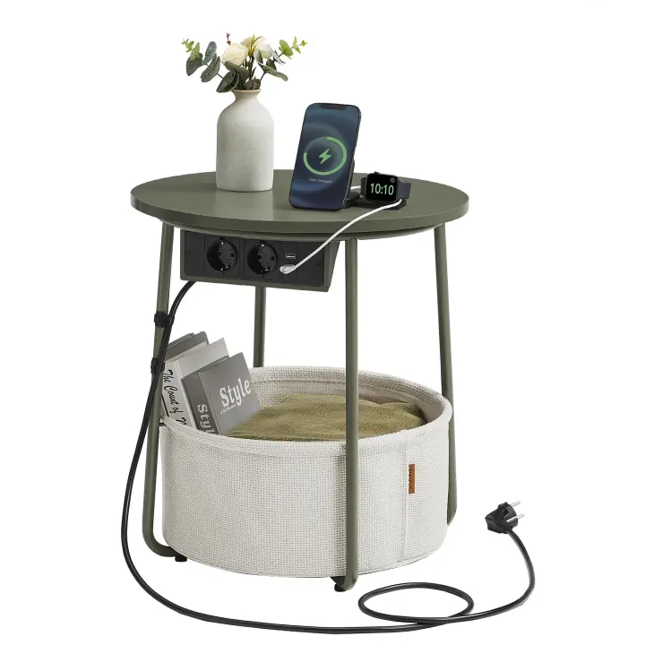 Mesa Auxiliar Redonda con Tomas de Corriente y Cesta de Tela - Espaciosa Mesa Lateral para Salón, Dormitorio o Mesita de Noche, Estilo Moderno - 1