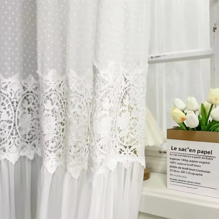 Cortinas Vintage De Encaje Transparente Para Habitación Y Sala De Estar Lujo Filtro De Luz Con Patrón De Flores Montaje En Techo - 1