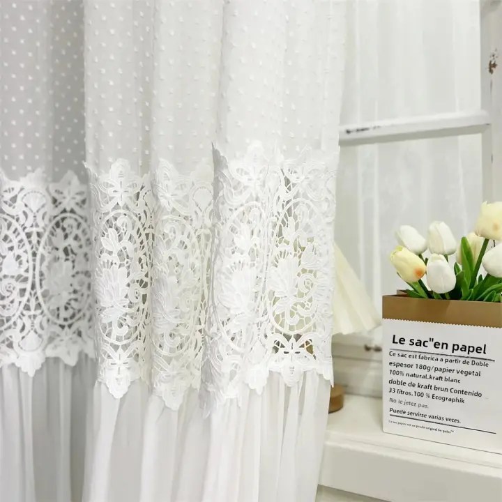 Cortinas Vintage De Encaje Transparente Para Habitación Y Sala De Estar Lujo Filtro De Luz Con Patrón De Flores Montaje En Techo - 1