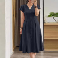 Vestido ZANZEA 2024 Elegante Vestido De Verano Para Mujer Con Manga Corta Plisado Estilo V-Neck Vestido Casual A-Line De Rodilla Solido OL - details 2