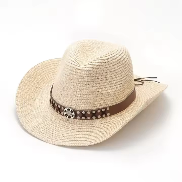 Sombrero De Paja Con Cinturón Para Mujer Sombreros De Sol Casual Vintage Para Viajes Pesca Y Exterior Estilo Cowboy - 1
