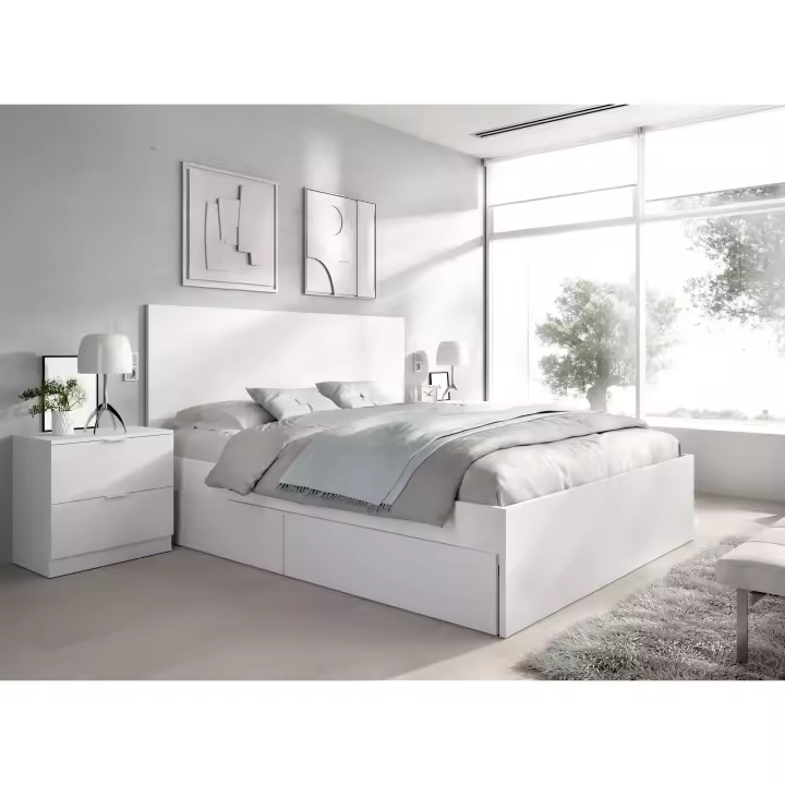 DEKIT GRUPO RIMOBEL LAGO - CAMA PARA DORMITORIO 135/140X190 CON 4 CAJONES Y DOS MESITAS DE 2 CAJONES - BLANCO - 100 x 246 x 195 - 1