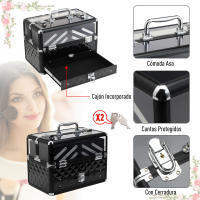 HOMCOM Maletín de Maquillaje Bisutería Organizador Cosméticos Portátil Múltiples Niveles Con Asa y Bandejas Desplegables Aleación de Aluminio 30x18,5x22 cm Transparente y Negro - details 3