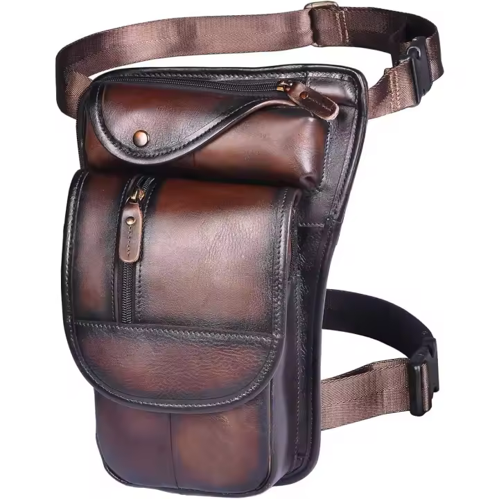 Leg Bag Leg Pouch Motorcycle Leg Bag Genuine Leather Waist Bag3112 (3112 Brown 3) - 1