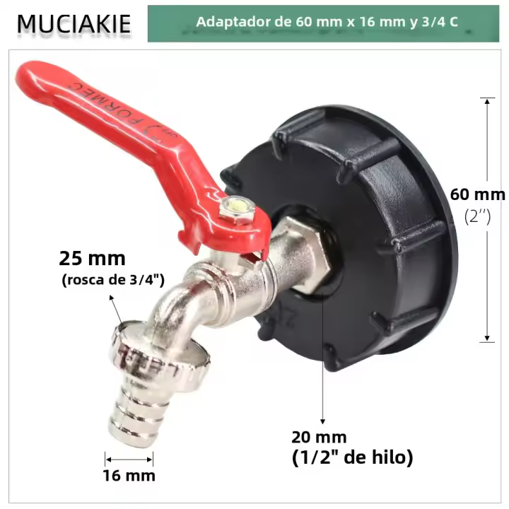 Válvula De Bola De Jardín Con Adaptador De Conector De Agua Metálico 1/2''x3/4'' 16MM Thread S60 IBC Tank Cover 1-2 Modos Para Jardín - 1