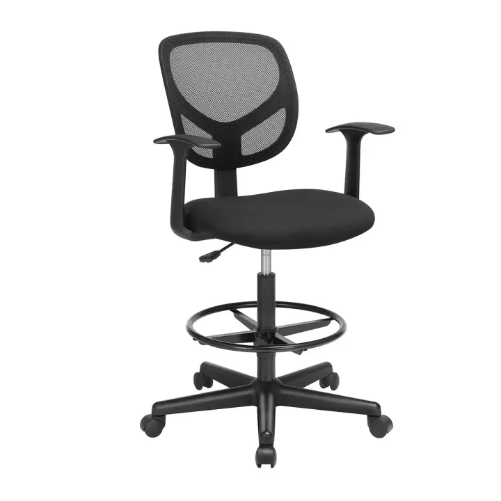 Silla de oficina ergonómica de malla con reposabrazos, reposapiés ajustable, taburete giratorio 360° para escritorio, negro - 1