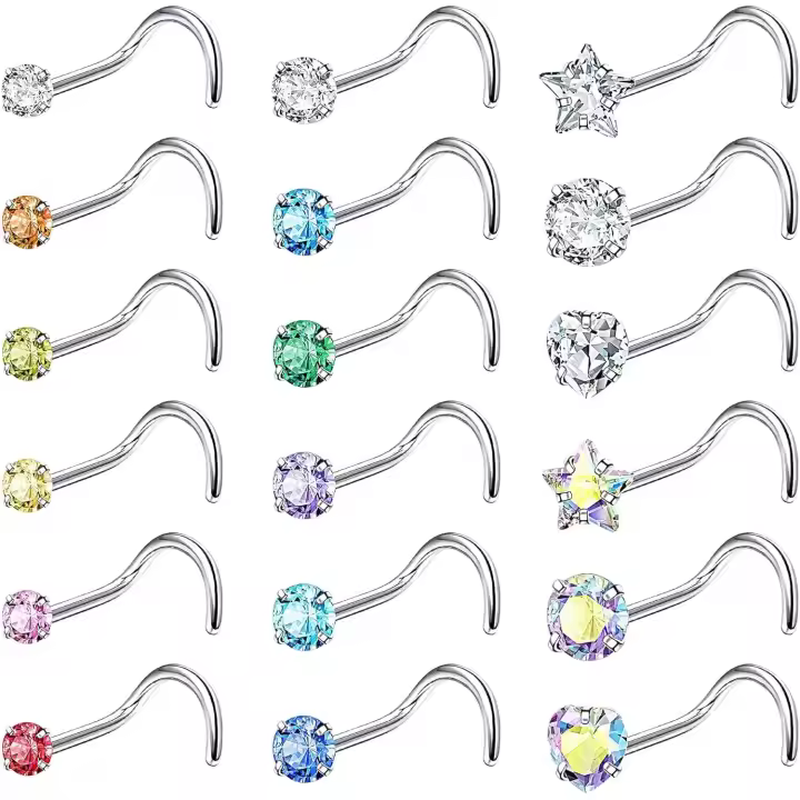 18 Piezas 20G Piercing Nariz 316L Maple Quirúrgico Anillo de Nariz Colorida CZ Corazón Estrella en Forma de L Piercing de Nariz Joyería - 1