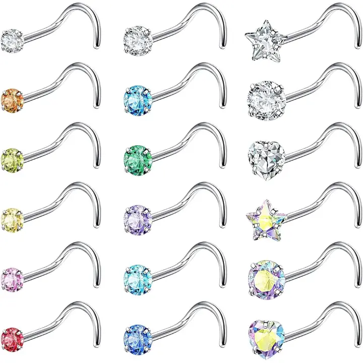 18 Piezas 20G Piercing Nariz 316L Maple Quirúrgico Anillo de Nariz Colorida CZ Corazón Estrella en Forma de L Piercing de Nariz Joyería - 1