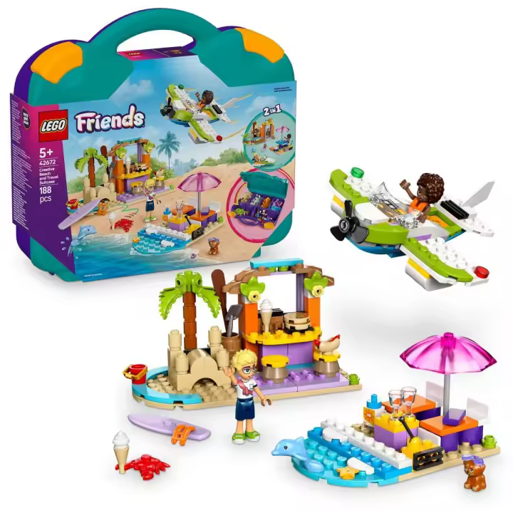 LEGO 42672 Friends Playa Creativa y Maleta de Viaje, Pizzería, Lancha Motora y Avión de Juguete, 2 Mini Muñecos y Figuras Animales, Caja Organizadora, Regalo para Niñas de 5 Años o Más - 1