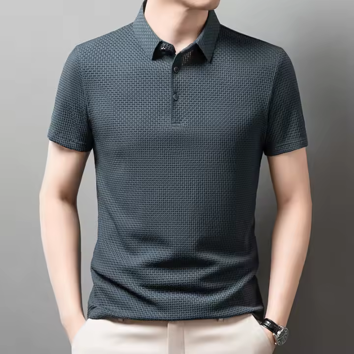 Camisa Polo De Verano Para Hombre Con Cuello Redondo Solido Camiseta De Negocios Transpirable Corta Cuello En V Talla Única - 1