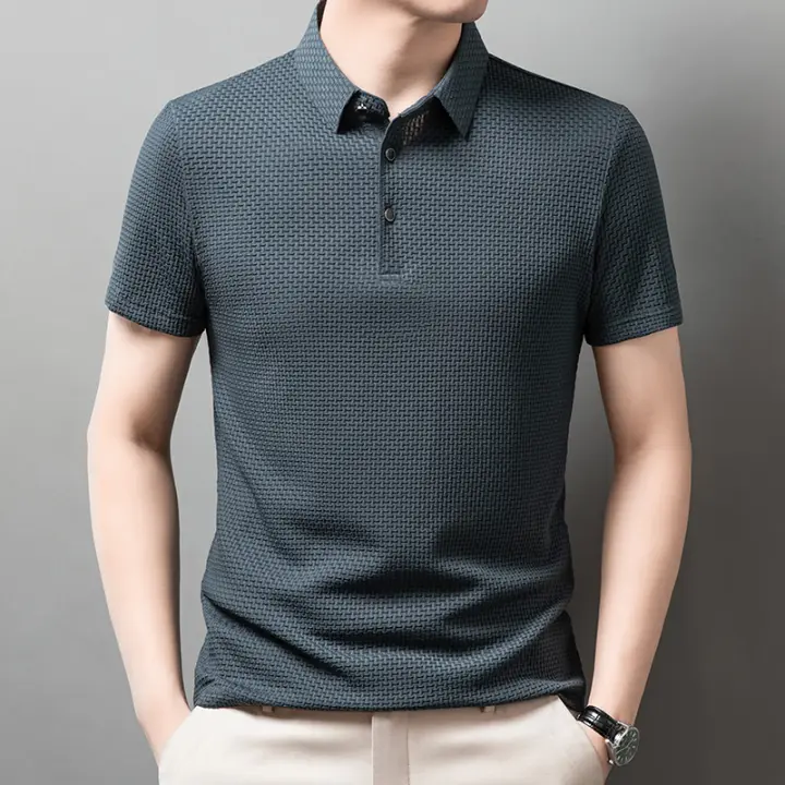 Camisa Polo De Verano Para Hombre Con Cuello Redondo Solido Camiseta De Negocios Transpirable Corta Cuello En V Talla Única - 1