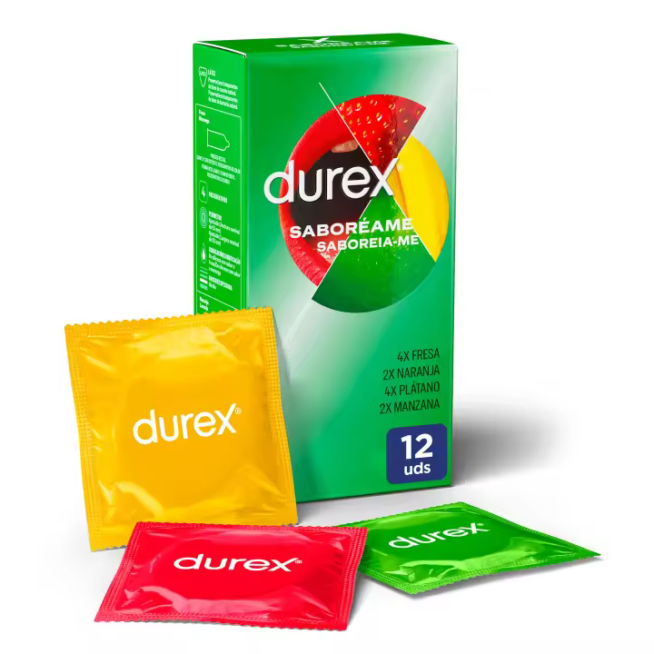 Durex - Preservativos Saboreame para Mayor Sensación, sabor fresa. naranja. platano, manzana, Packs 12-24 condones para un sexo seguro - 1