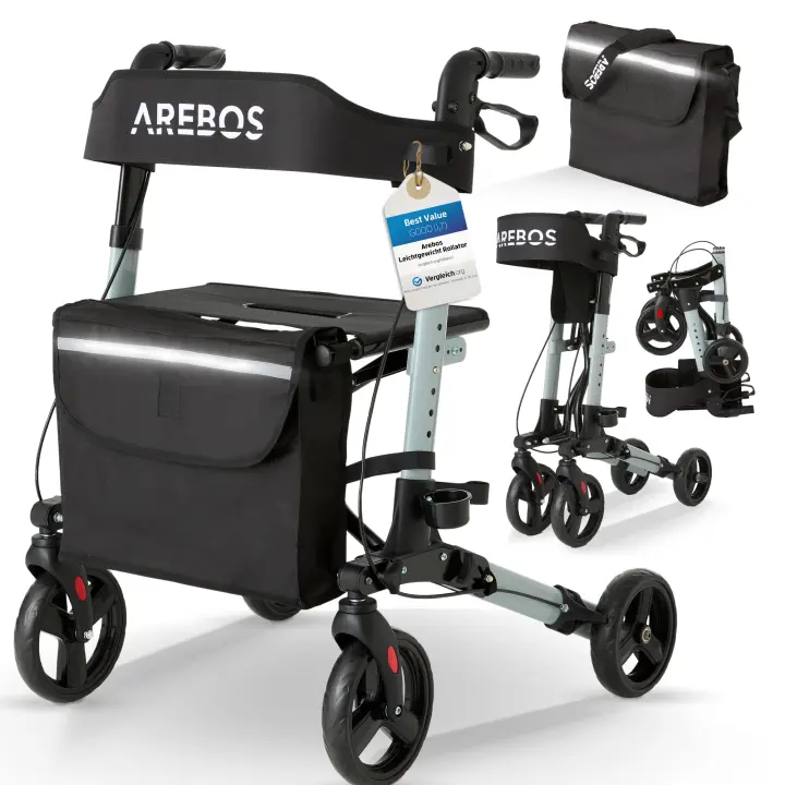 AREBOS Caminador Andador plegable de aluminio con ruedas ligero con frenos 136 kg - 1