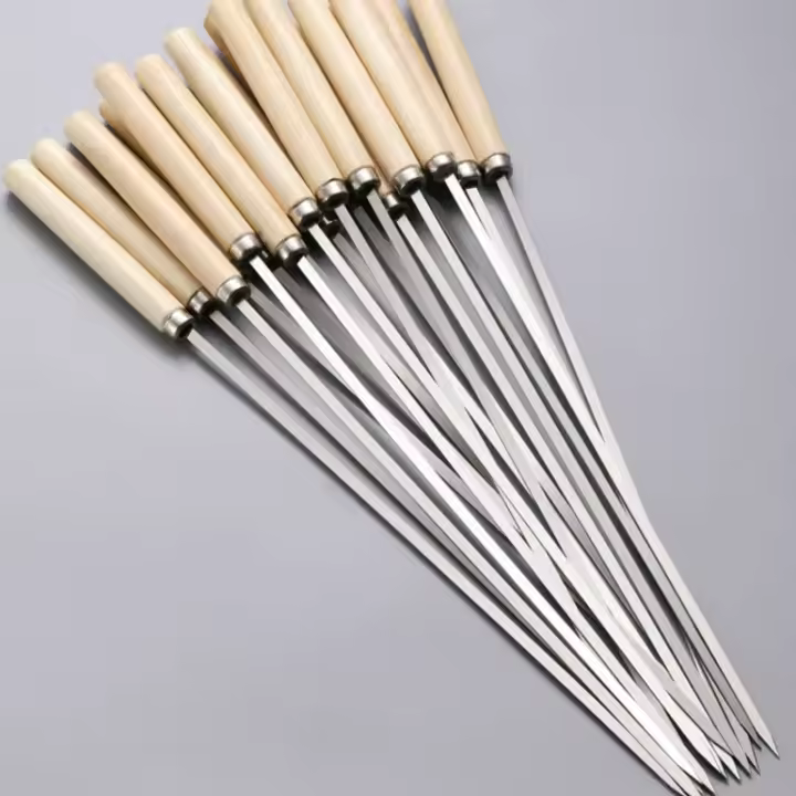 10pcs Brochetas De Barbecue De Acero Inoxidable 304 Con Mango De Madera Reutilizable Antideslizante Y Resistente Al Calor Brochetas Anchas Para BBQ - 1