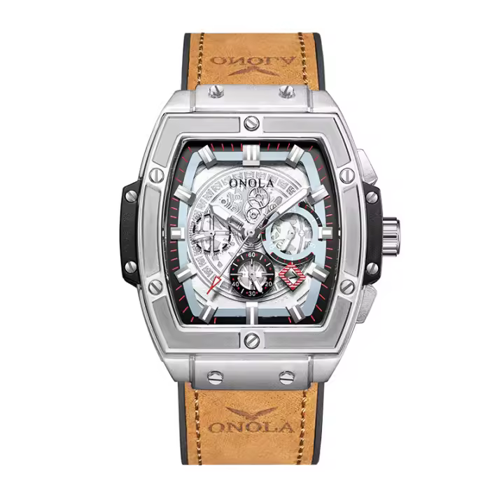 Reloj De Lujo Para Hombre ONOLA Diseño Clásico De Barril Multifuncional Resistente Al Agua De Cuero Cuarzo Casual Reloj De Mano - 1