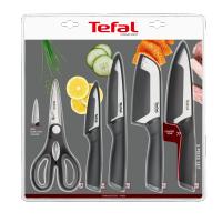 Tefal Comfort, 4 cuchillos y unas tijeras, pelador 9 cm, chef 15 cm, multiusos 12 cm, santoku 12 cm y tijeras para cortar, rebanar y picar todo tipo de fruta, verdura y carne, hoja de acero inoxidable, corte de alto rendimiento, mango ergonómico - details 0