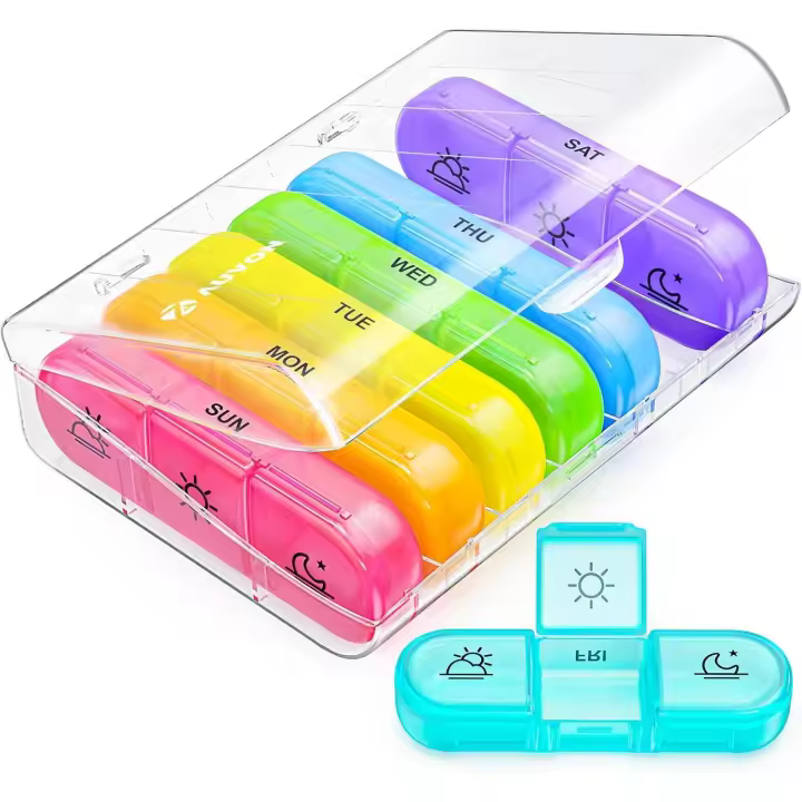 Pastillero semanal para 3 tomas al día, pastillero grande para 7 días con recipiente separado, pastillero portátil para medicamentos, vitaminas, aceite de pescado - 1