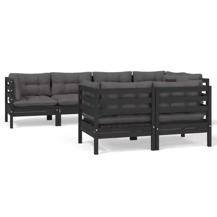 vidaXL Muebles de jardín 7 pzas y cojines negro madera maciza de pino - 1