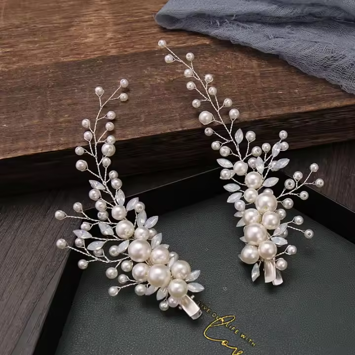 2 Pcs Tiara De Perlas Y Cristales En Color Plata Clips Para El Cabello Accesorios De Boda Para Mujeres Peinado De Fiesta - 1