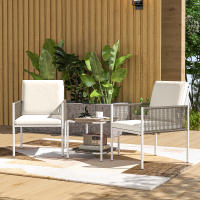Outsunny Conjunto de Jardín Exterior de 3 Piezas Juego de 2 Sillas y Mesa de Ratán con Cojines Acolchados y Encimera de Vidrio para Balcón Terraza Marrón y Crema - details 1