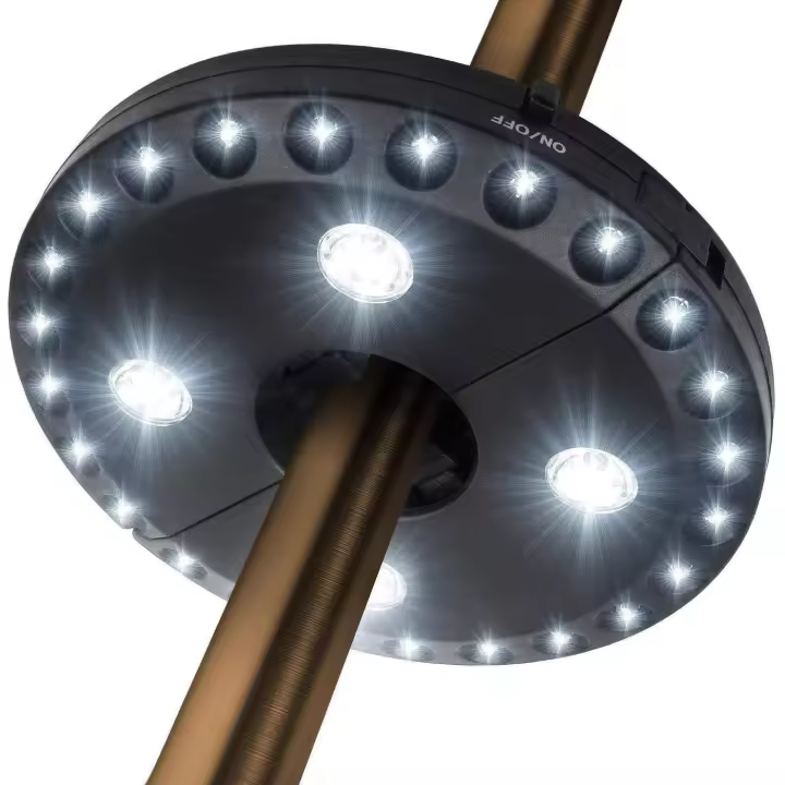 Luz de sombrilla para patio, 3 modos de brillo, inalámbrica, 28 luces LED de 200 lúmenes, funciona con 4 pilas AA, luz de poste de sombrilla para patio - 1