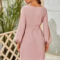 Vestido De Mujer Talla Grande De Chiffon Color Sólido Moda 2021 Manga Farol Suéter Cinturón A-Línea Cuello Redondo Largo Hasta La Rodilla - details 10