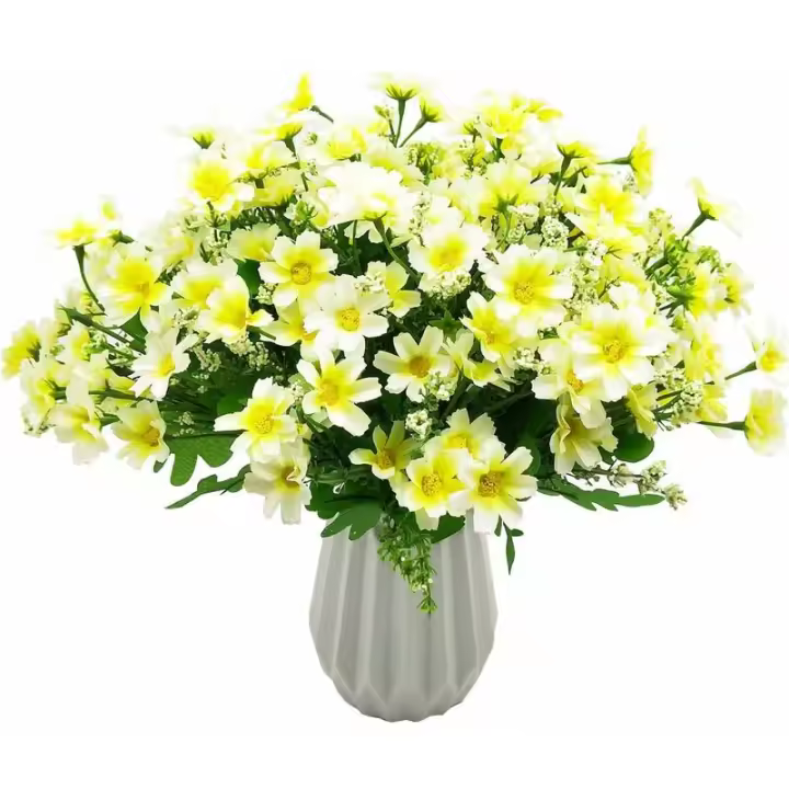 - Ramo de 4 flores artificiales de 28 cabezas, bonita flor de margarita falsa para uso al aire libre, boda, hogar, jardín, decoración (blanco) - 1