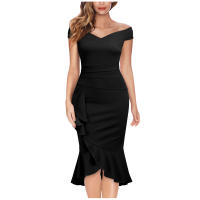 Vestido Elegante Para Mujer De Encaje Con Volante Y Cintura Ajustada Vestido De Fiesta Con Hombros Descubiertos Y Abertura En La Pierna Vestido Clásico De Cintura Alta Y Acolchado - details 5