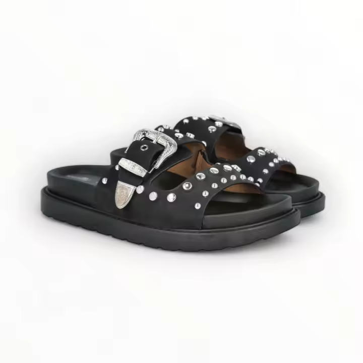 Sandalias tachuelas negro planas y plataforma ajuste de hebilla puntera abierta ligeras y comodas tendencia altamoda - 1