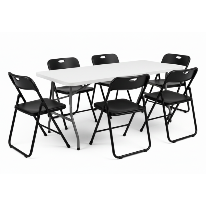 Pack Mesa Plegable 180cm Blanca + 6 Sillas Plegables Negras | Conjunto Bicolor para Catering, Oficina y Eventos | Resistente y Fácil de Guardar