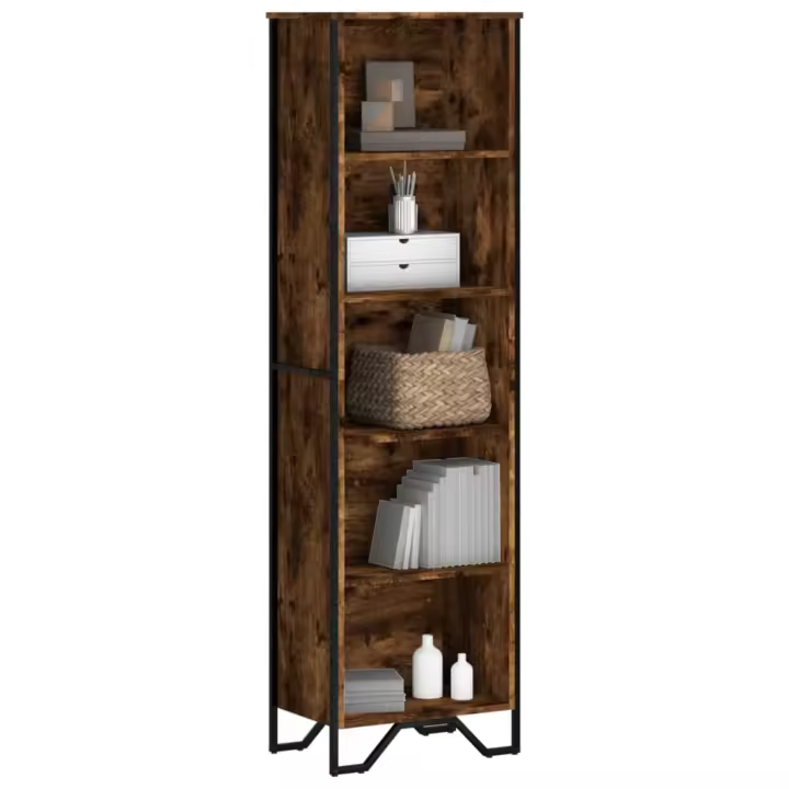 vidaXL Estantería madera de ingeniería 50x31x169 cm en color Marrón roble/Negro/Roble ahumado y más | almacenamiento funcional diseño moderno para baño dormitorio sala - 1