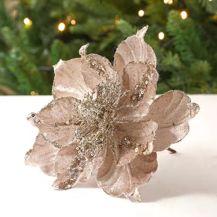 Decoración De Navidad Flor De Champán Con Lentejuelas Plateadas Poinsettia Artificial Para Árbol De Navidad Color Oro - 1