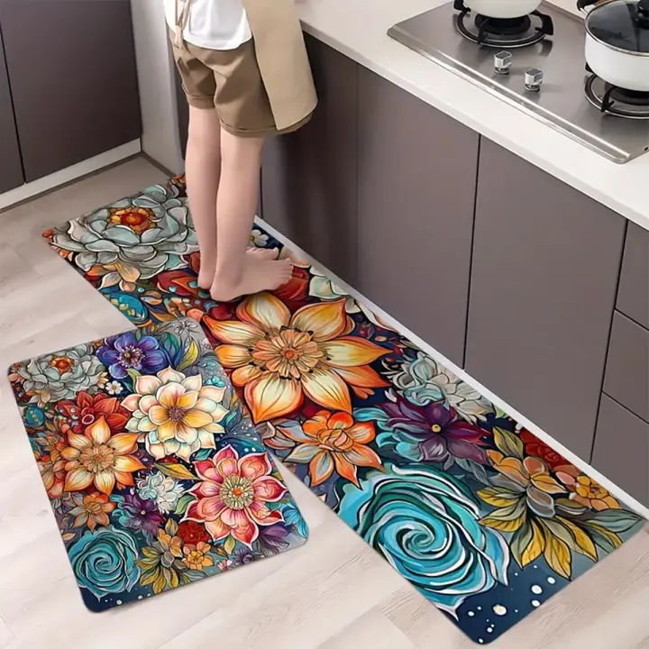 Carpetas Antideslizantes Para Cocina De Tamaño Grande Absorbentes Y Máquina Lavables Con Patrón Floral Alfombrilla De Piso - 1