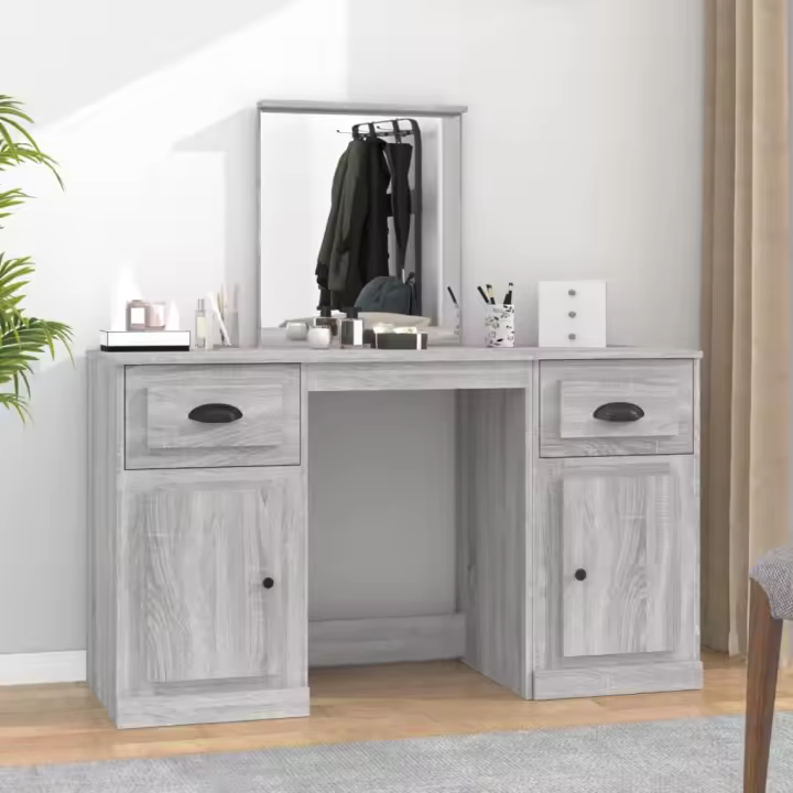 vidaXL Tocador con espejo color 130x50x132,5 cm en color Gris sonoma/Gris hormigón | decorativo de pared para baño dormitorio recibidor moderno - 1