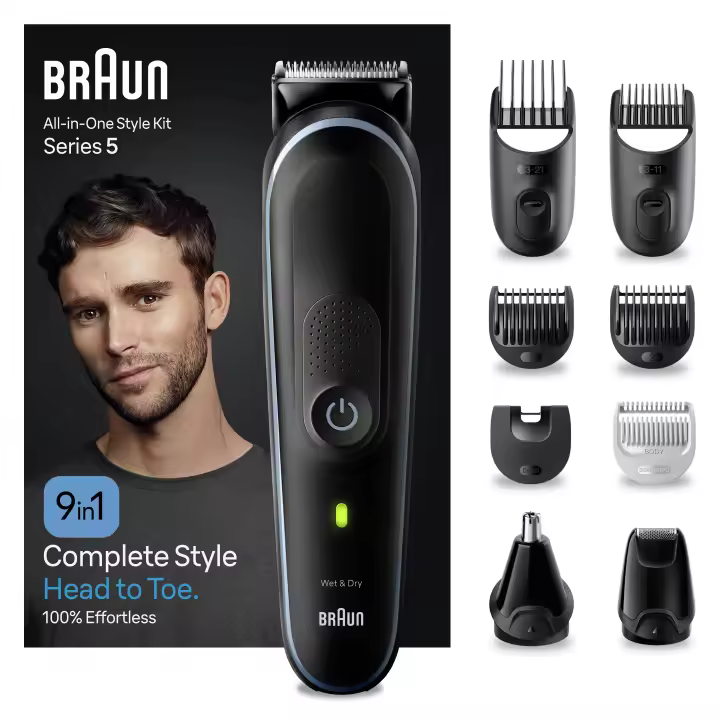 Braun Series 5 MGK5411 recortadora todo en uno, Kit 9 en 1 para afeitado masculino, recorte de barba, corte de pelo, nariz, orejas y más, con lámina ultraafilada, estuche, resistente al agua, recargable - 1