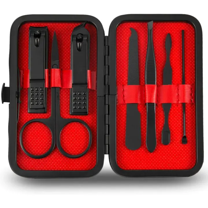 Set de manicura y pedicura, cortaúñas, 7 piezas, kit de higiene de acero inoxidable, juego portátil para cortar uñas y herramientas de aseo con estuche de cuero fino - 1