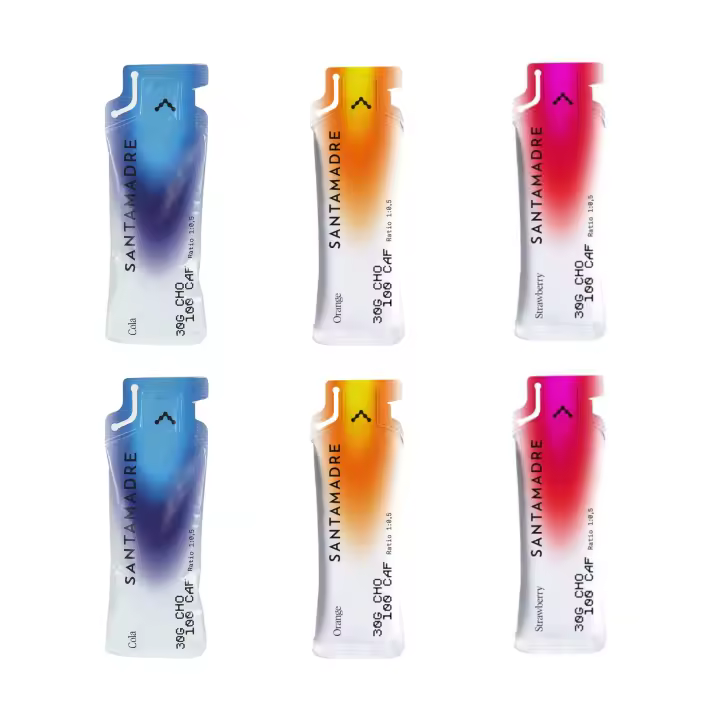 SANTA MADRE 6 GELES DE 50 ML CON 30GR DE CHO 100 MG CAFEINA SABOR COLA, NARANJA Y FRESA (2 DE CADA) - 1