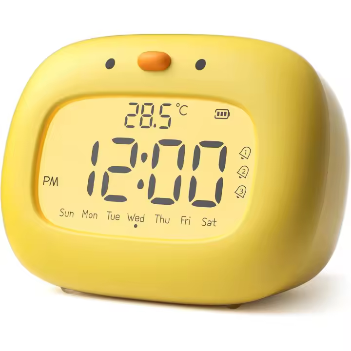 PORCHEDDU Despertador Infantil Despertador Digital Niños de Luz Ajustables 3 Alarmas con Función de Repetición, Visualización de Semana, Recargable para Infantil Adult-Forma de Patito - 1