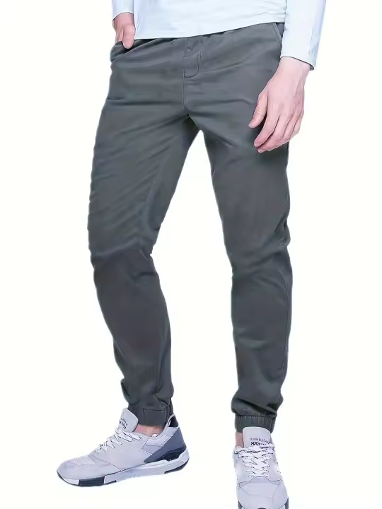 Pantalones Casuales Para Hombre De Tela Tejida En Color Sólido Con Bolsillos Multípleulos Cierre De Cremallera Y Cordón Estilo Safari De Pierna Recta Y Suelta Para Trabajo - 1
