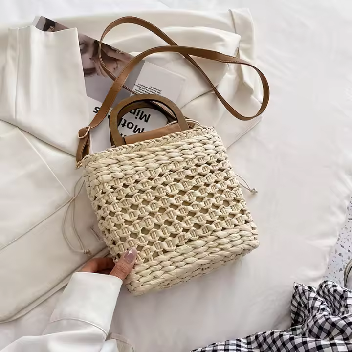 Bolso de Mujer JIOMAY 2023 Verano Bolsos de Mano de Diseñador Bolso de Hombro de Playa con Mango de Madera Cierre de Cordón Tejido de Poliéster - 1