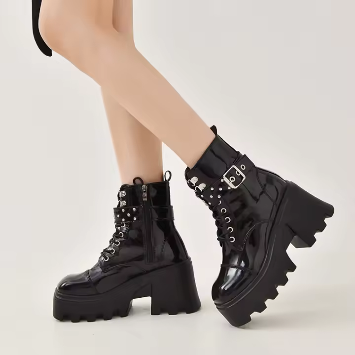 SP Botas Cortas de mujer de talla Grande, punk Callejero, Con Cremallera y cinturón elástico, BOTAS Martin de moda Negra. - 1