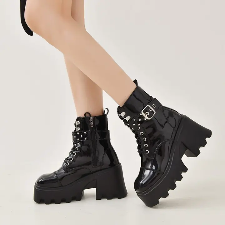 SP Botas Cortas de mujer de talla Grande, punk Callejero, Con Cremallera y cinturón elástico, BOTAS Martin de moda Negra. - 1