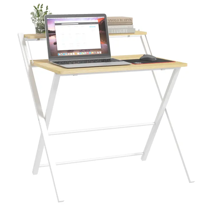 HOMCOM Mesa de Escritorio Plegable Mesa de Estudio con Estante Superior Estilo Moderno para Sala Oficina Dormitorio 81,5x70x84 cm Natural y Blanco - 1